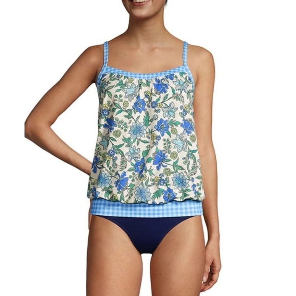 Lands' End Padded Blouson Swim Tankini Lotus Floral Gingham Blue Tank Top 12 NWT